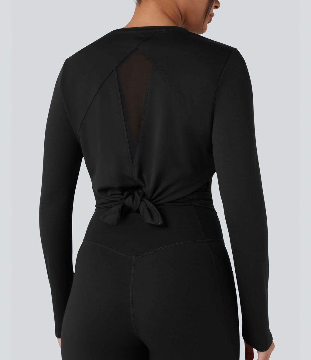 Top de sport running col rond mesh contrastant liens dans le dos manches longues