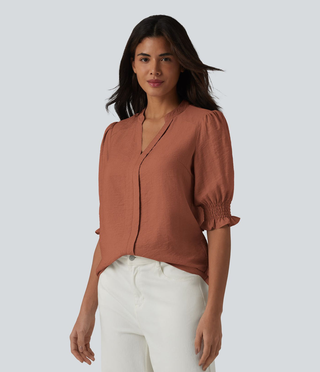 Blouse décontractée à col en V et manches courtes bouffantes