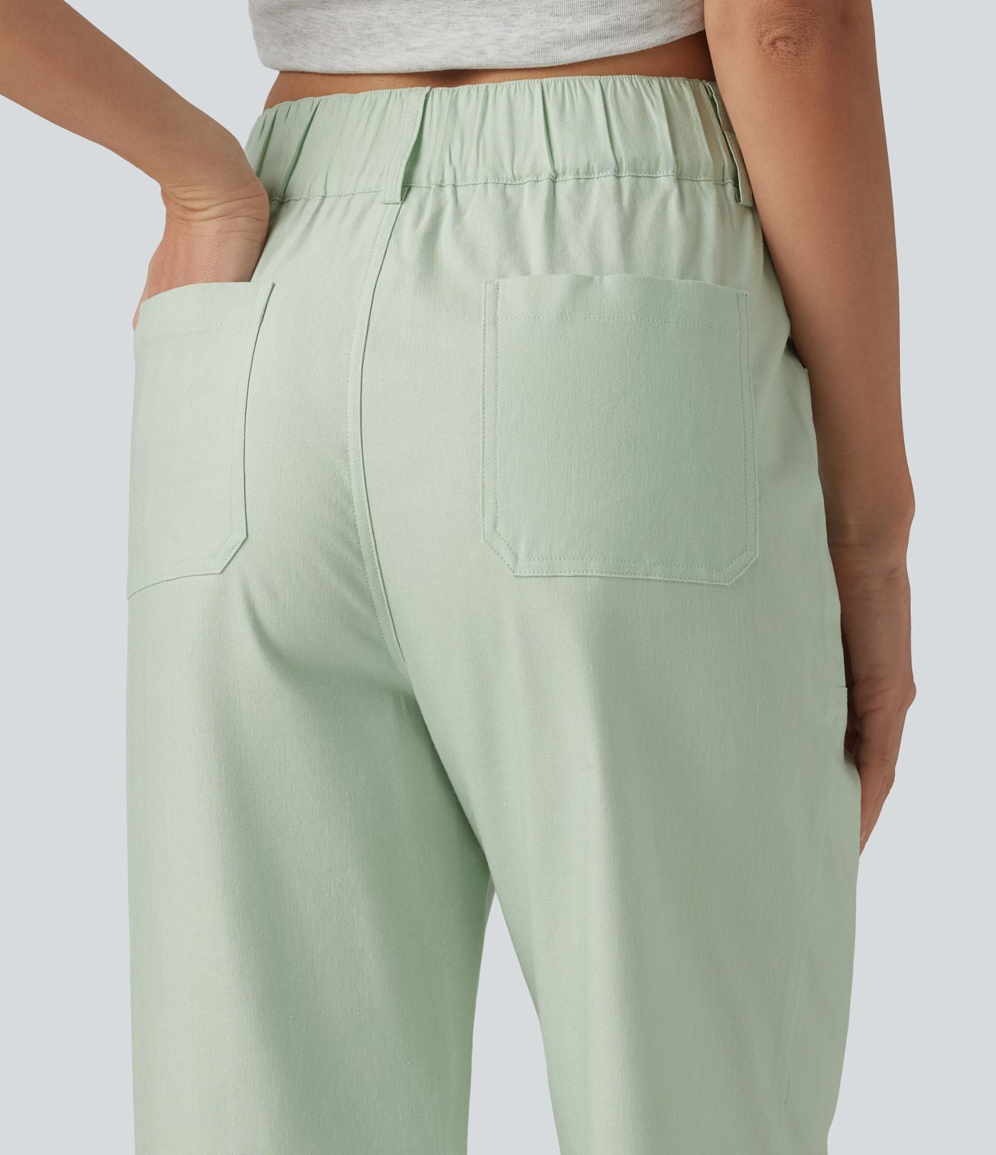 Pantalon droit décontracté en coton et lin taille haute avec poches