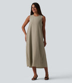 Robe décontractée midi col rond sans manches à rayures dos ajouré avec poches