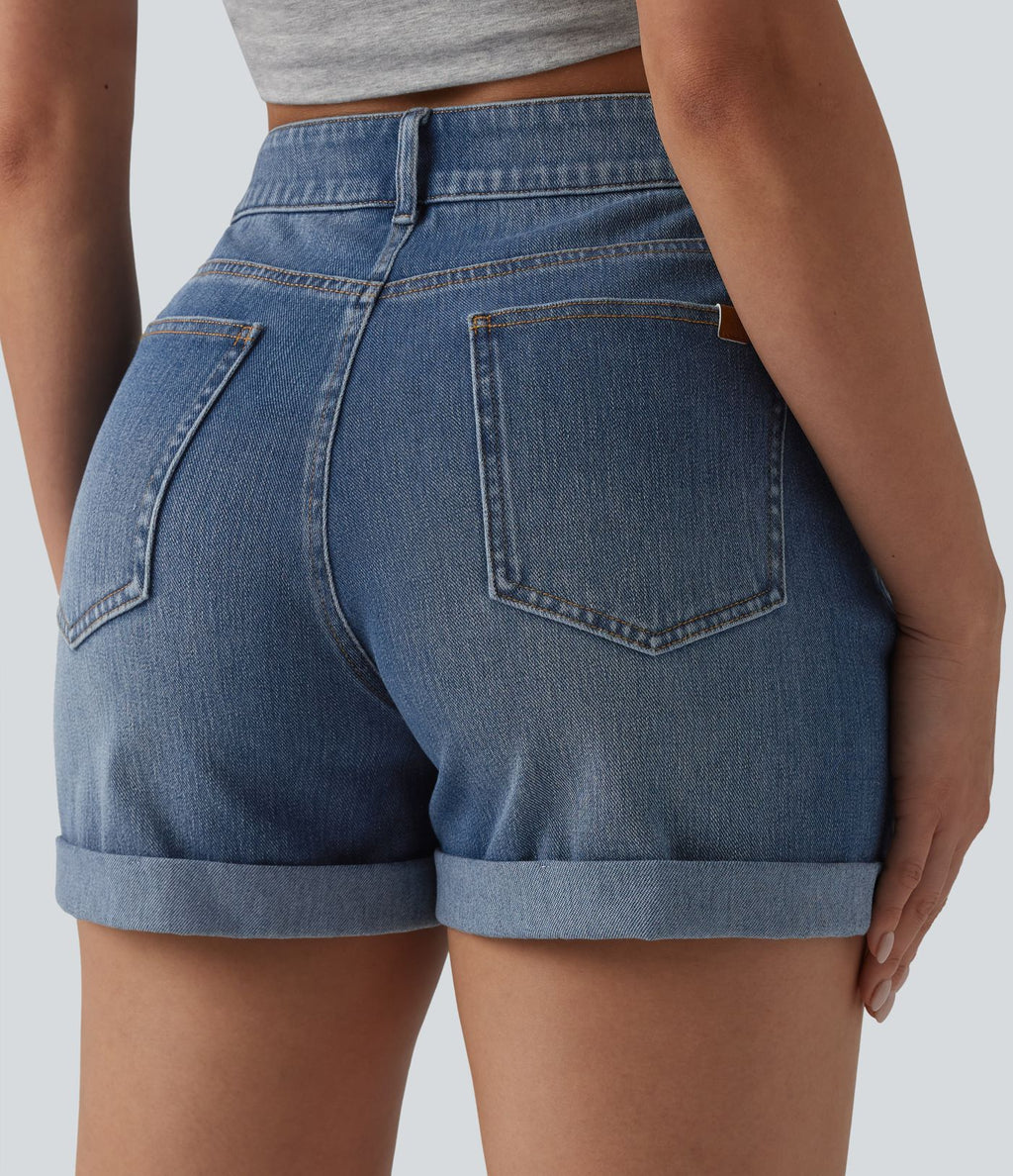 Short denim décontracté Halara Flex™ asymétrique délavé taille haute ourlet roulotté avec poches