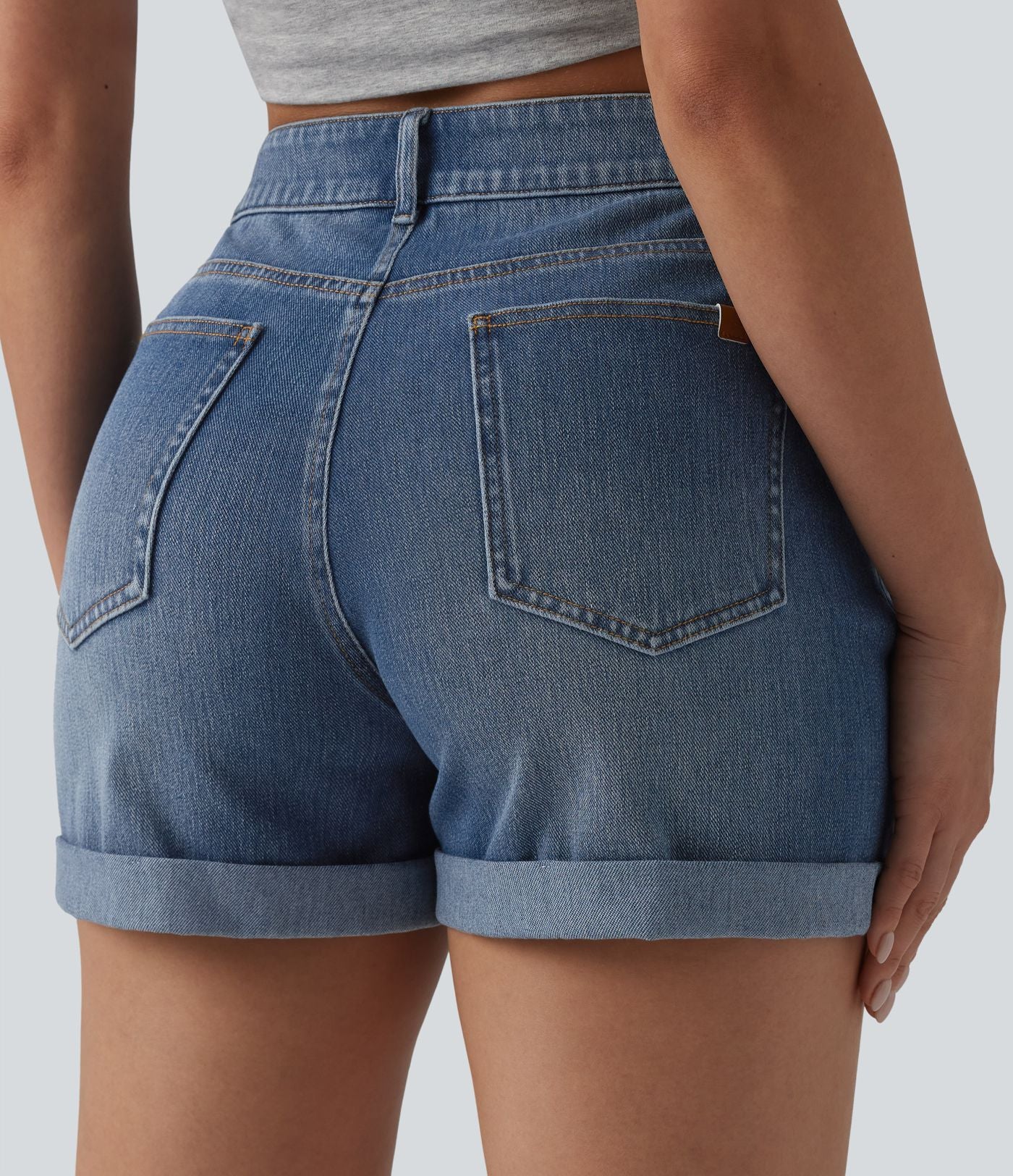 Short denim décontracté Halara Flex™ asymétrique délavé taille haute ourlet roulotté avec poches