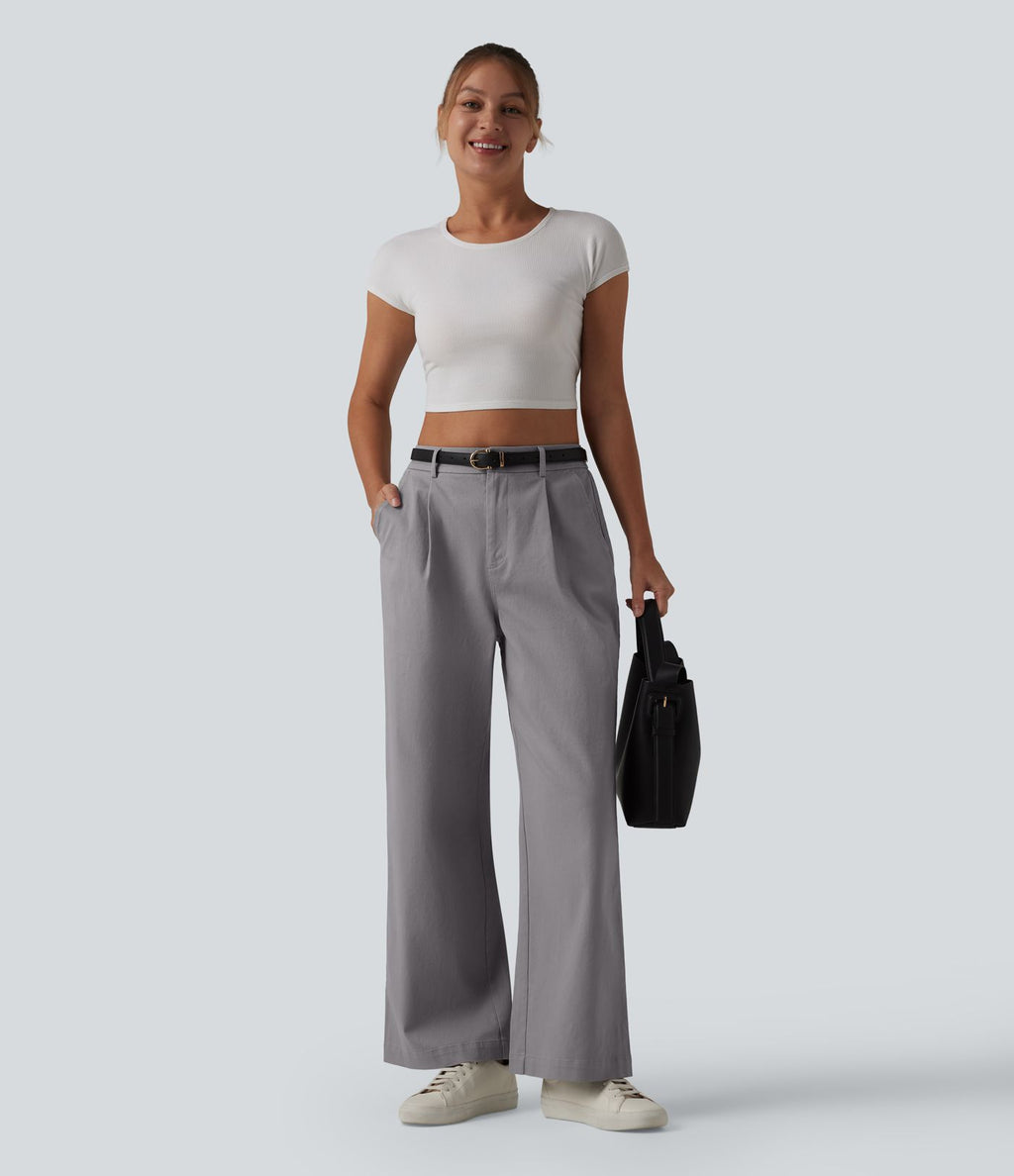 Pantalon chino tailleur en coton, taille haute, coupe droite et poches