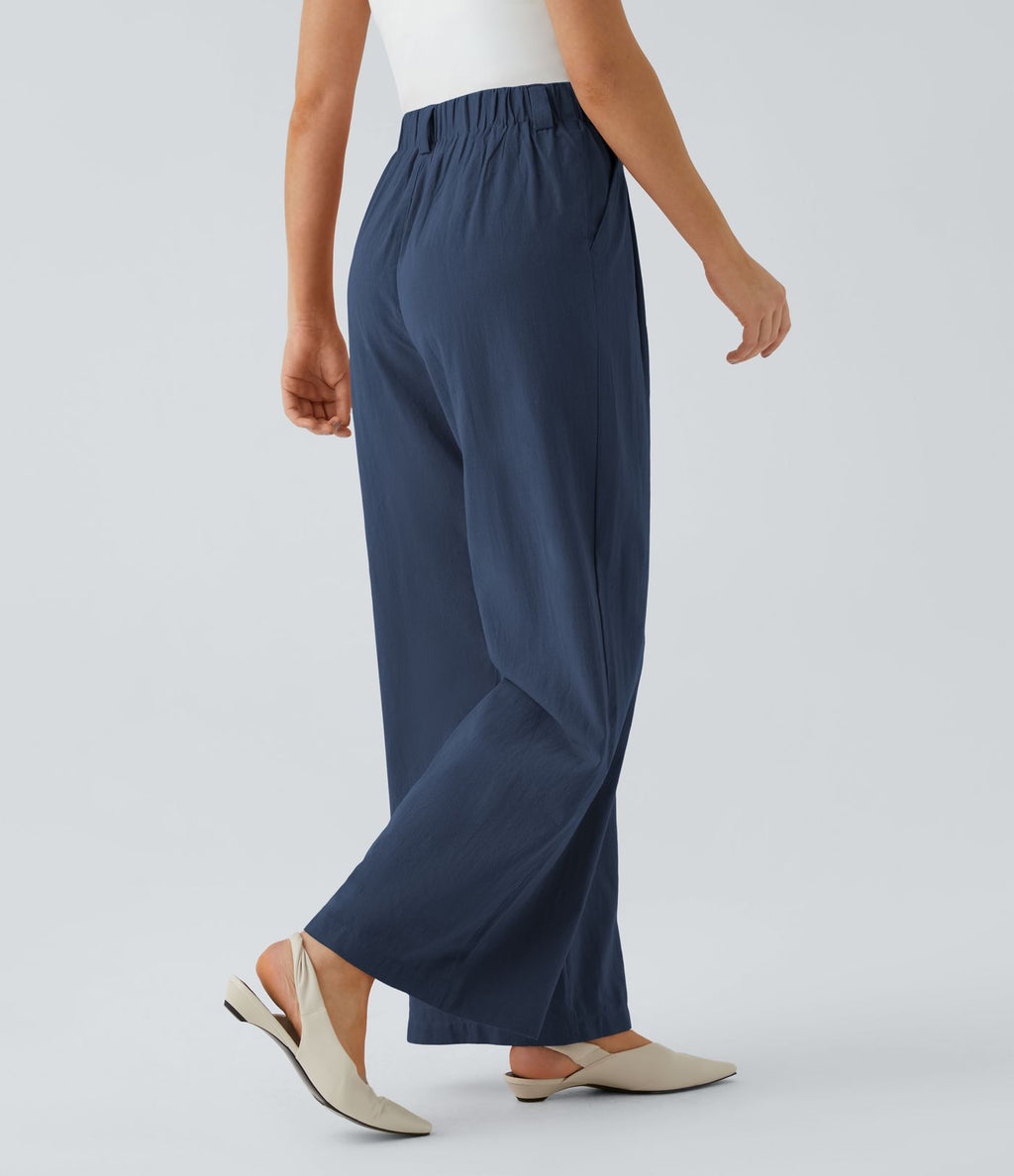 Pantalon Fluide Large Taille Haute Poches Latérales Palazzo Solide Casual Linen-Feel