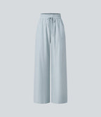 Pantalon casual large fluide mélange lin taille haute avec cordon de serrage et poches