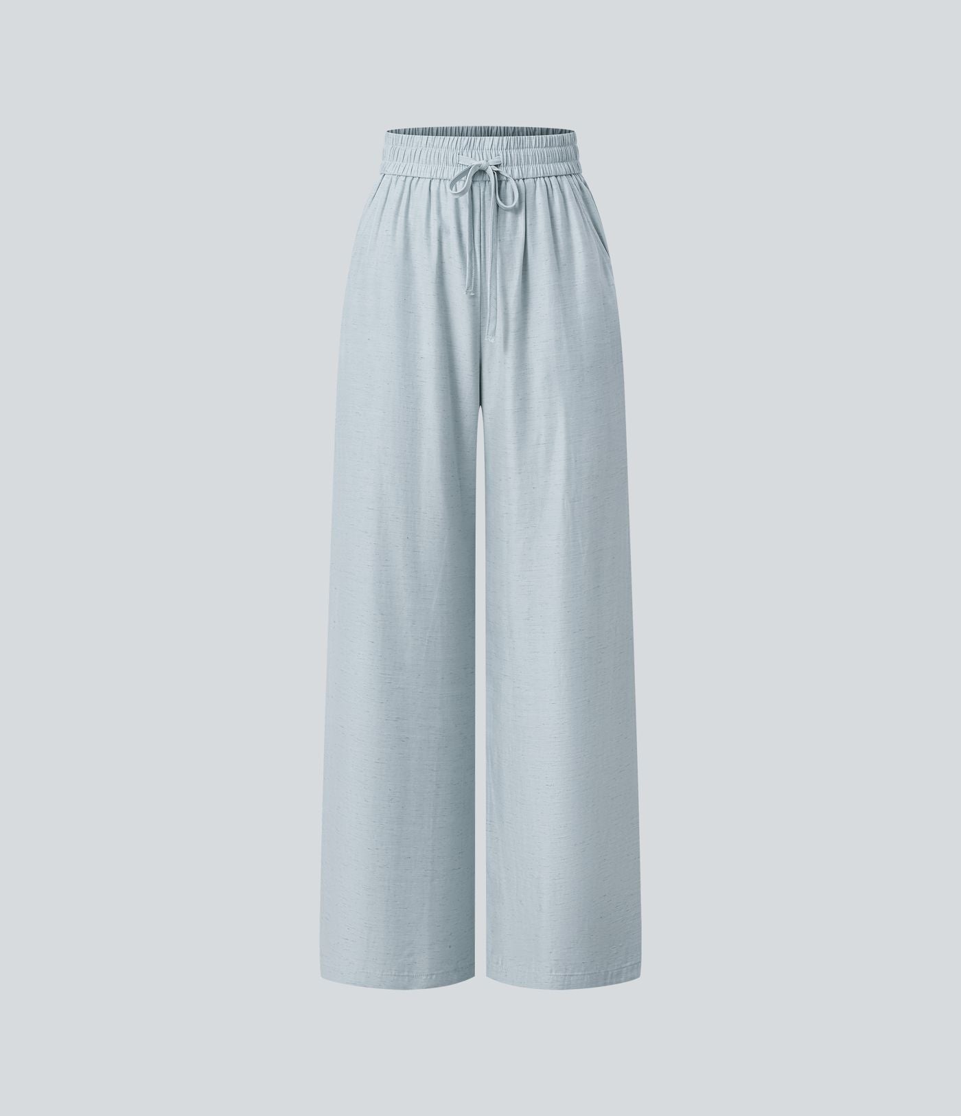 Pantalon casual large mélange lin taille haute avec cordon de serrage et poches