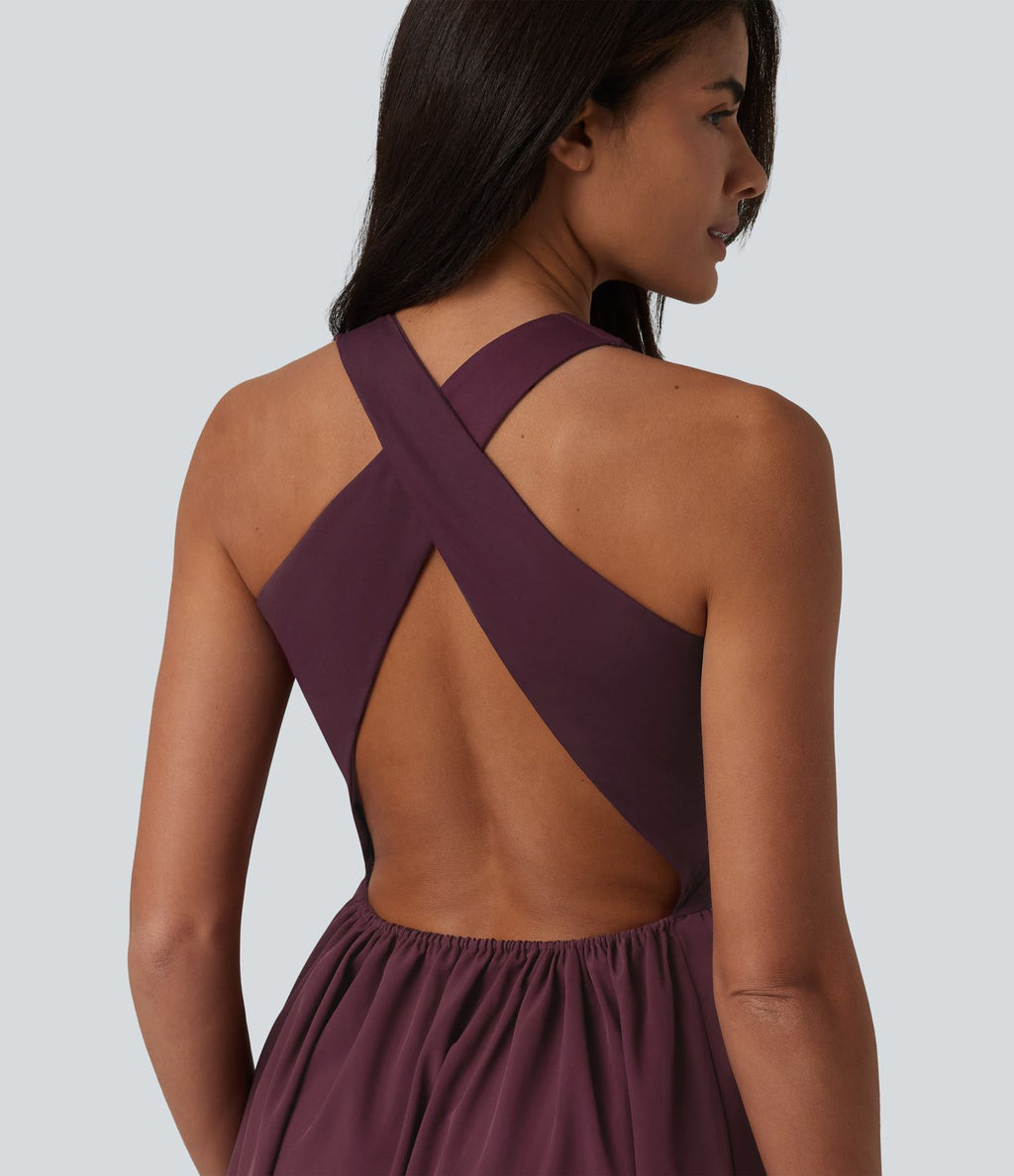 Robe casual mi-longue col U dos nu à bretelles croisées avec poches