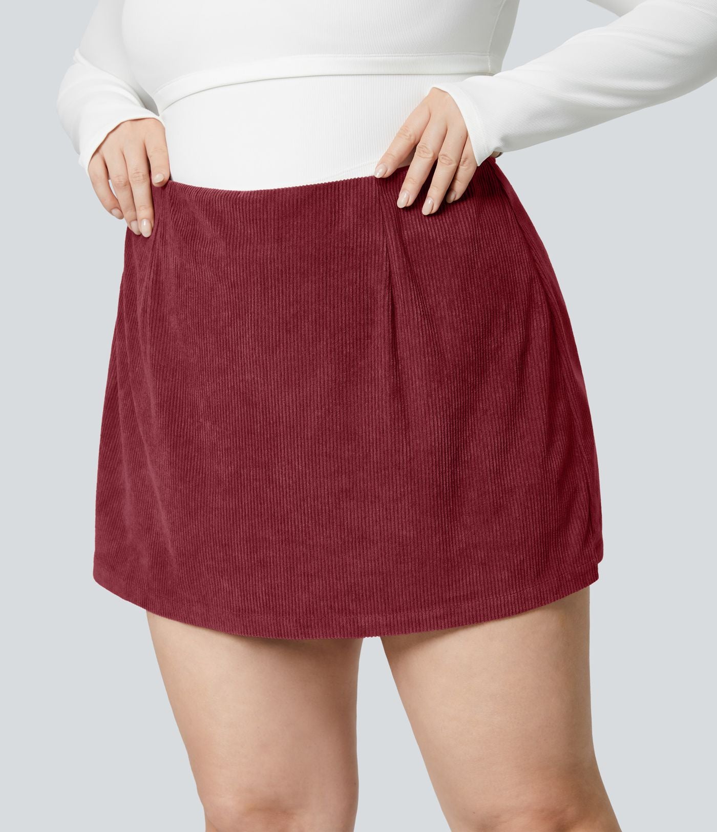 Jupe Casual Grande Taille en Velours Côtelé Mini à Taille Haute avec Fermeture Éclair Invisible 2 en 1