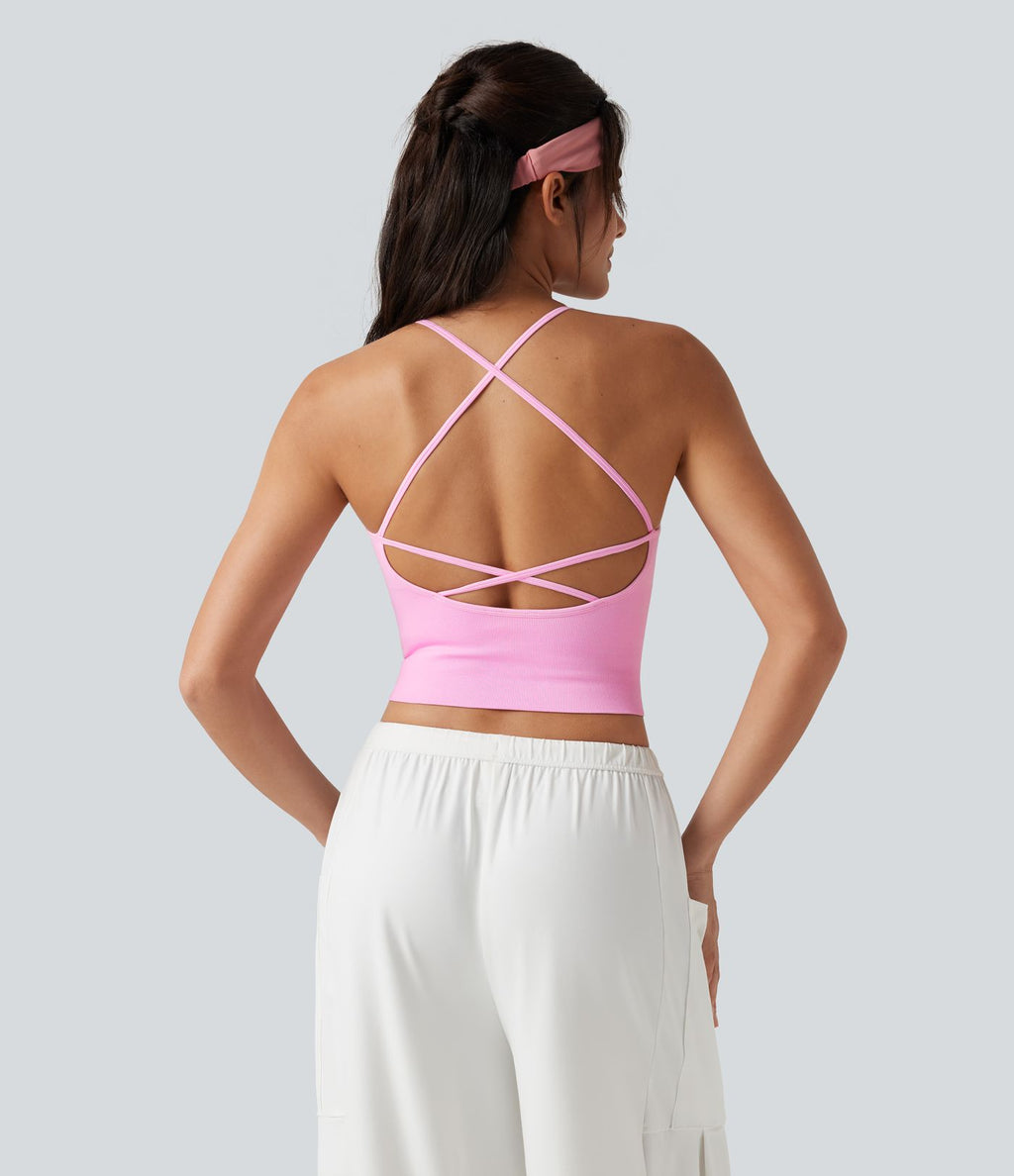 OneForm Seamless Flow Débardeur de yoga crop dos nu croisé décolleté en V profond avec soutien-gorge intégré
