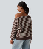 Sweat-shirt rayé épaules dénudées manches longues coupe décontractée