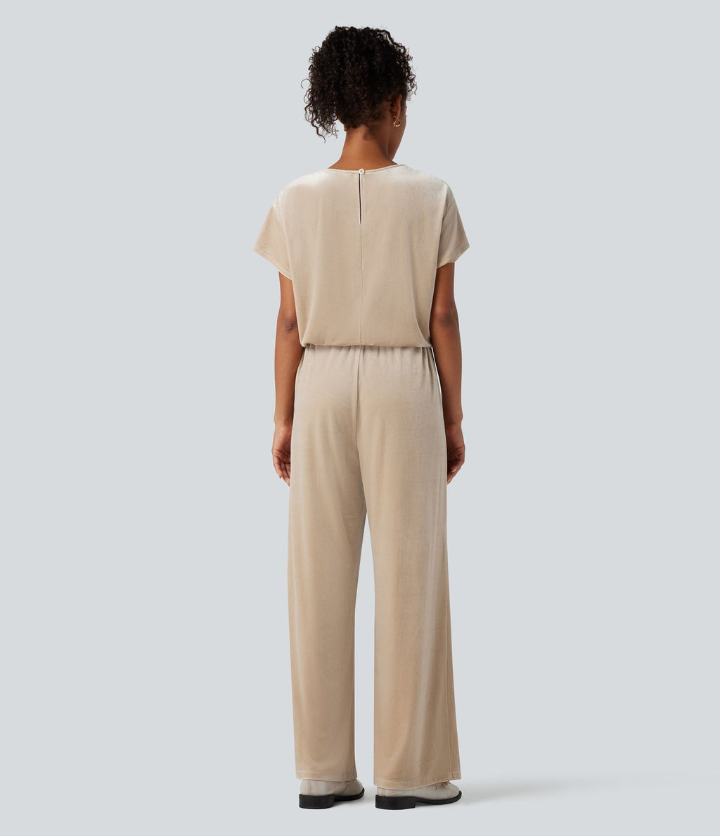 Combinaison tailleur velours col rond manches courtes avec poches