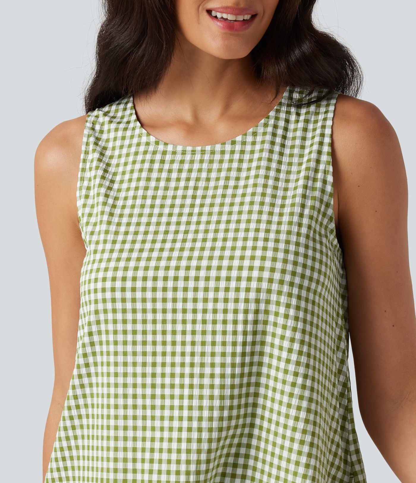 Robe débardeur mini décontractée col rond sans manches en vichy froissé avec poches