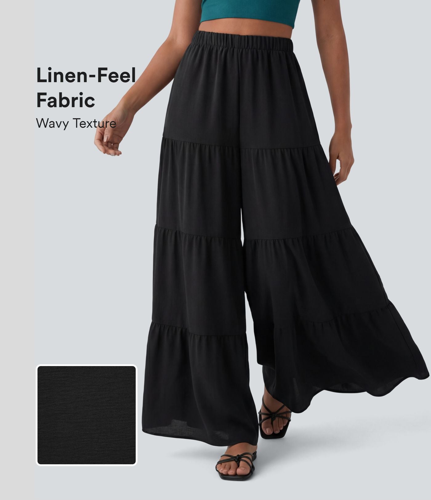 Pantalon large fluide taille haute aspect lin avec poches