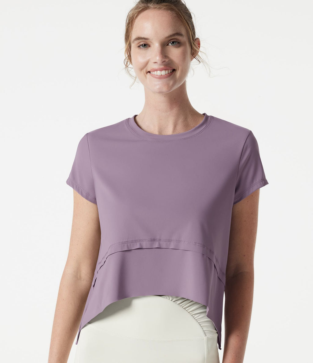 Haut de sport de running Halara UltraSculpt™ Cool, séchage rapide, col rond, manches courtes, ourlet asymétrique haut-bas, coupe ample — UPF50+