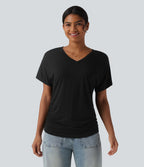 T-shirt décontracté uni à manches courtes, col V et fronces