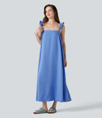Robe casual fluide midi sans manches col carré avec bordure à volants et poches