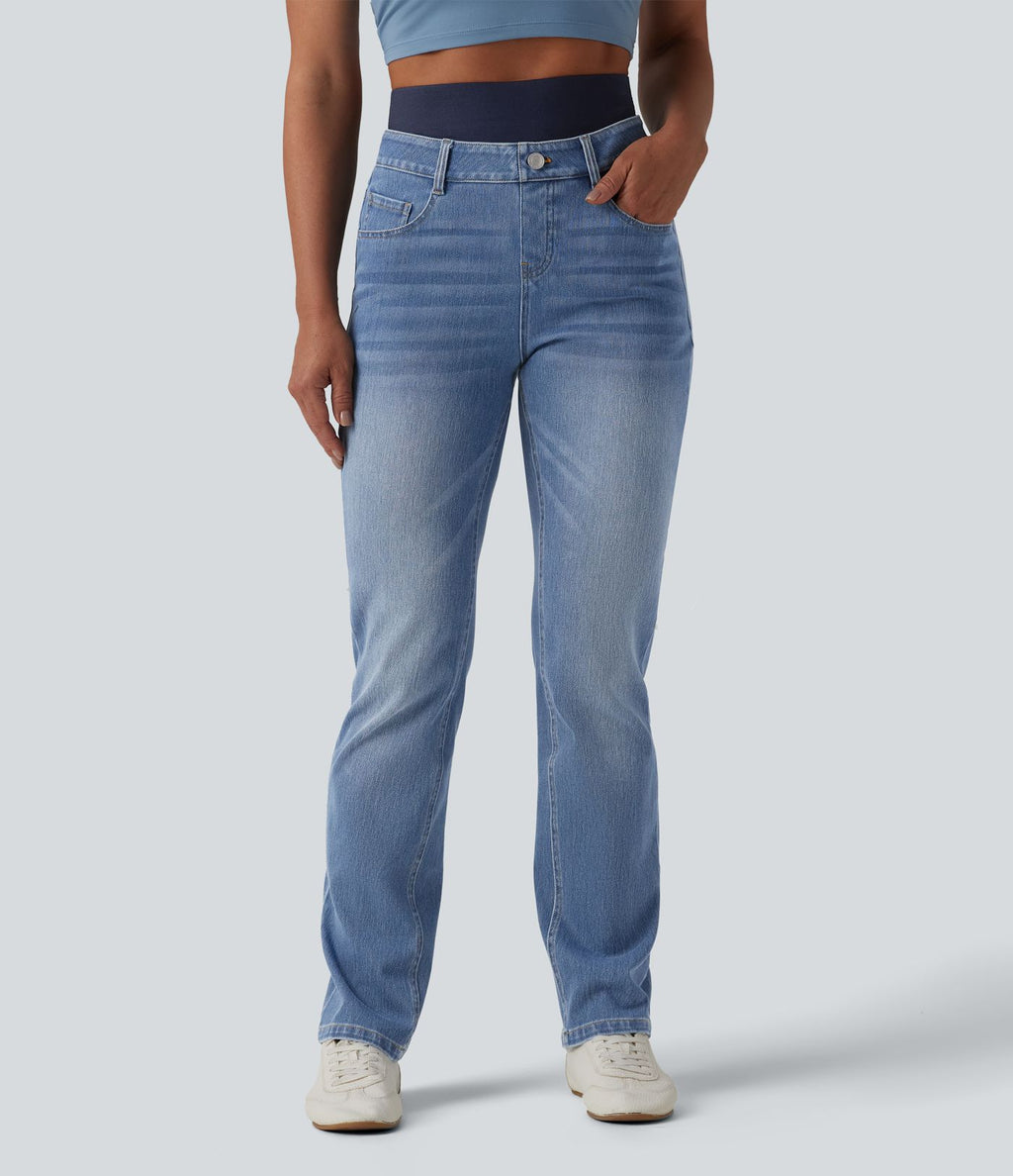 Jean ajusté décontracté Halara Flex™ double ceinture gainant taille haute avec poches
