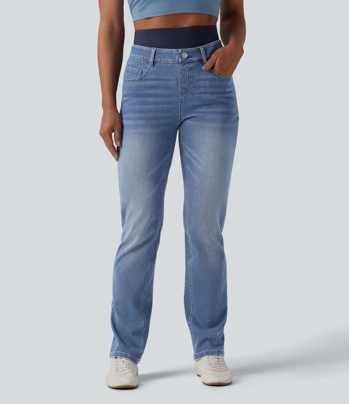 Jean ajusté décontracté Halara Flex™ double ceinture gainant taille haute avec poches