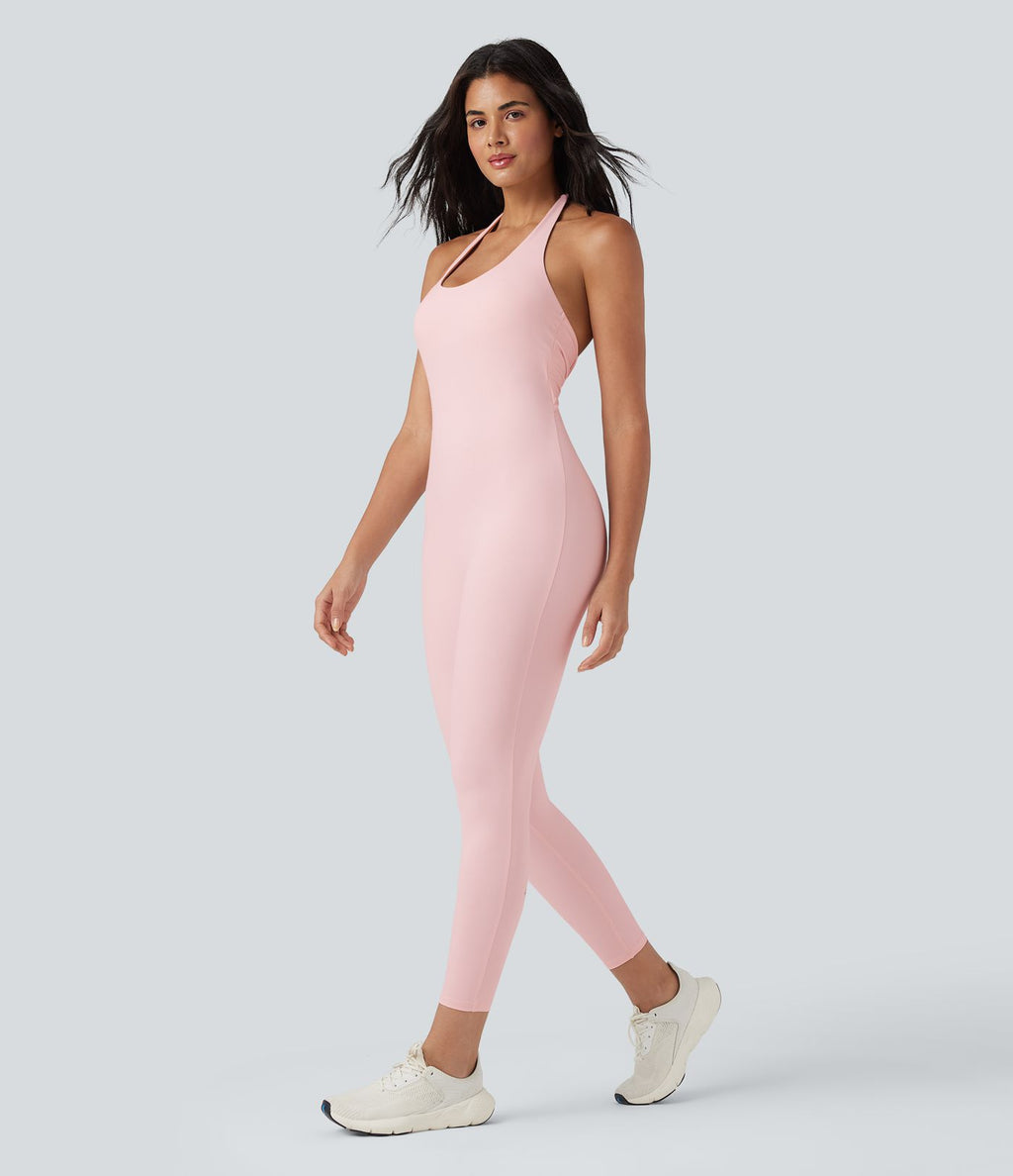 Combinaison de yoga moulante SoftlyZero™ aérée dos-nu dos noué à découpes et fronces