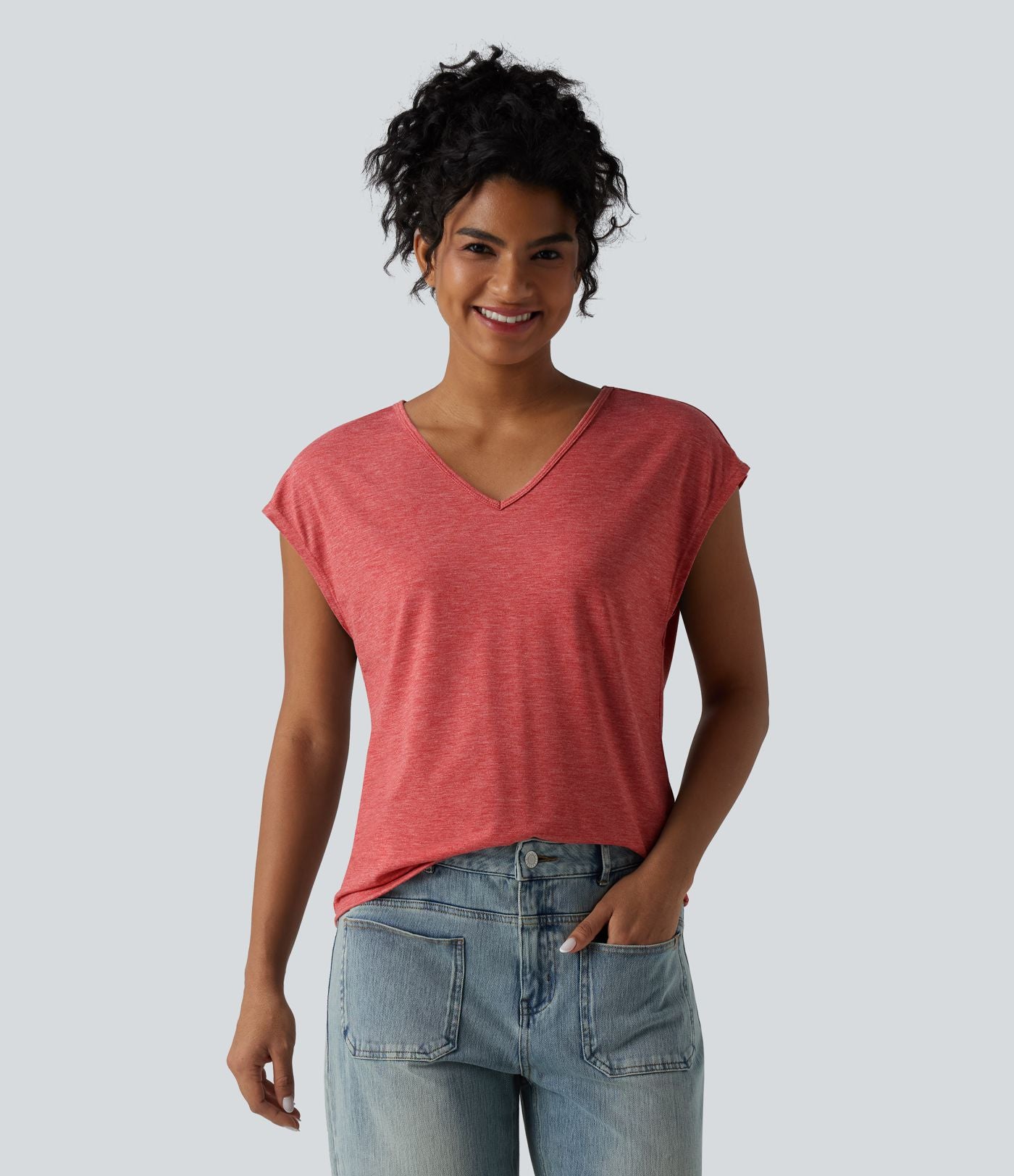 T-shirt décontracté chiné ample à manches courtes et col V