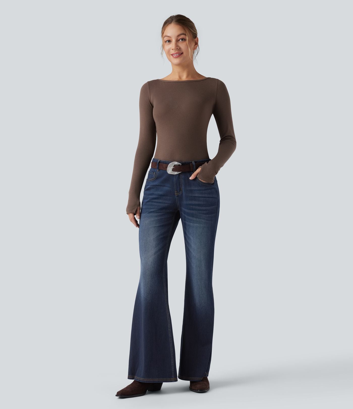 Halara Flex™ Jean évasé décontracté délavé taille basse avec poches