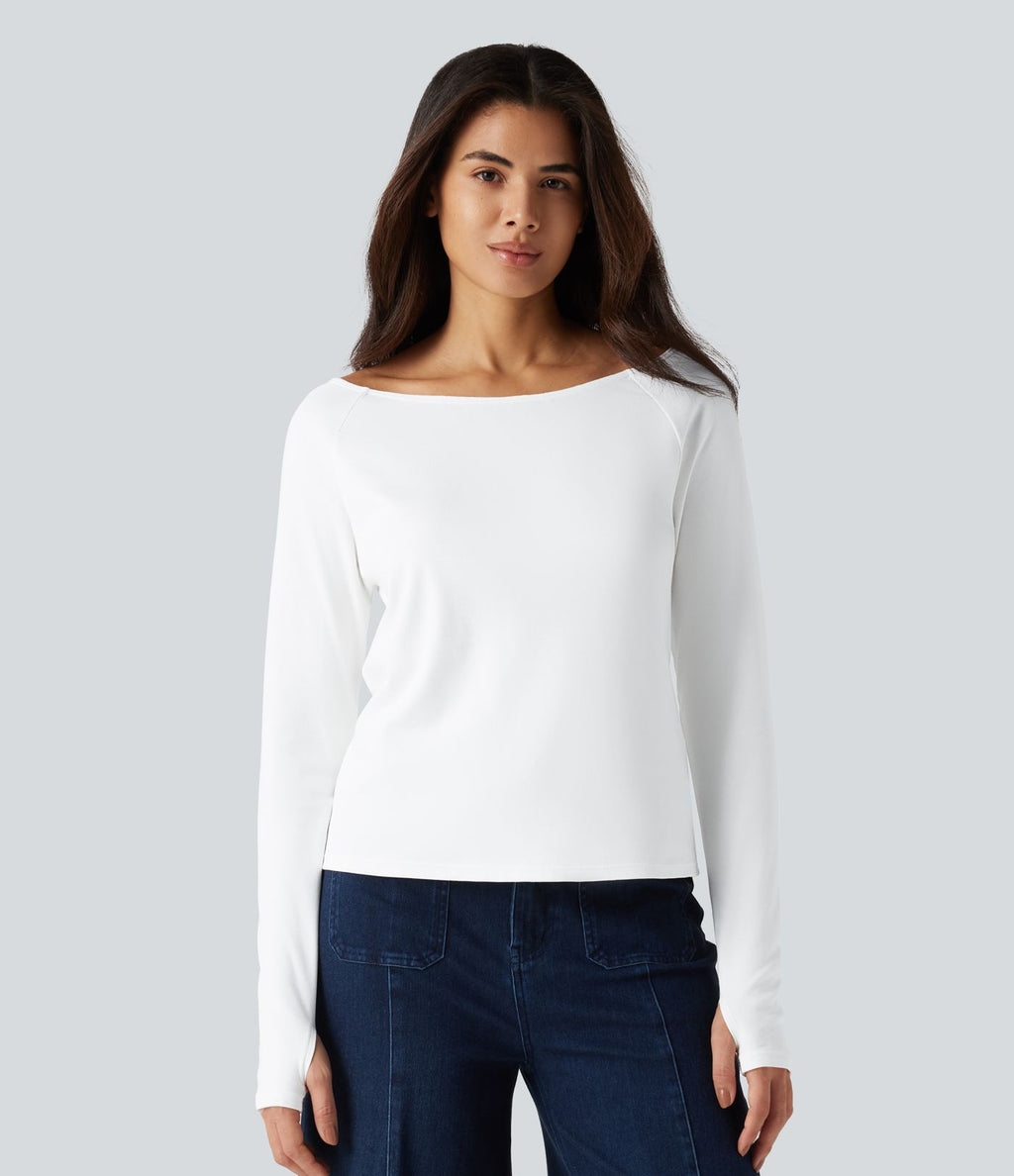 T-shirt en coton Pima à encolure bateau, manches longues et passe-pouces