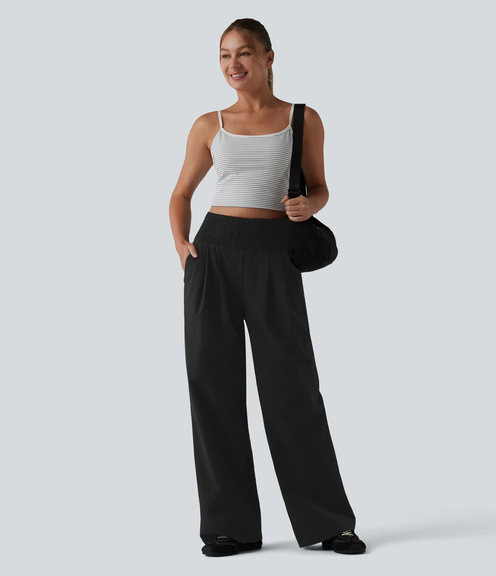 Pantalon large taille haute en tissu froissé froncé séchage rapide avec poches