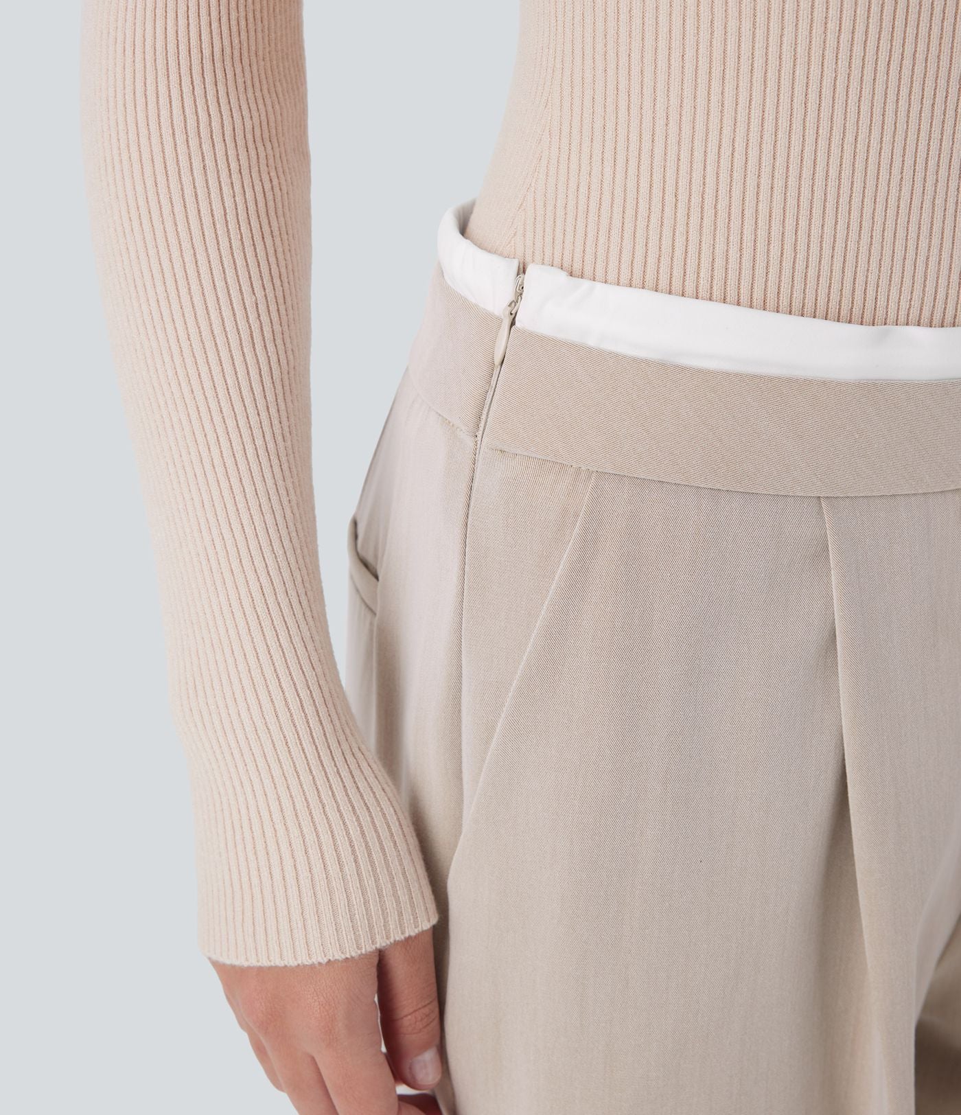 Pantalon décontracté jambe large bicolore double épaisseur, taille basse avec poches latérales