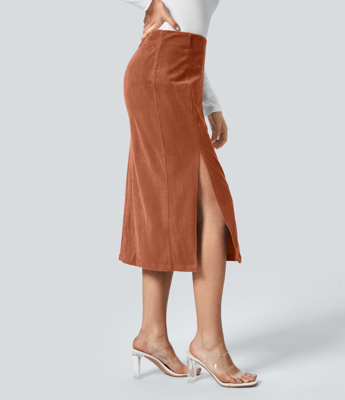 Jupe Casual en Velours Côtelé Mi-longue Taille Haute Fermeture Éclair Invisible et Fente fendue