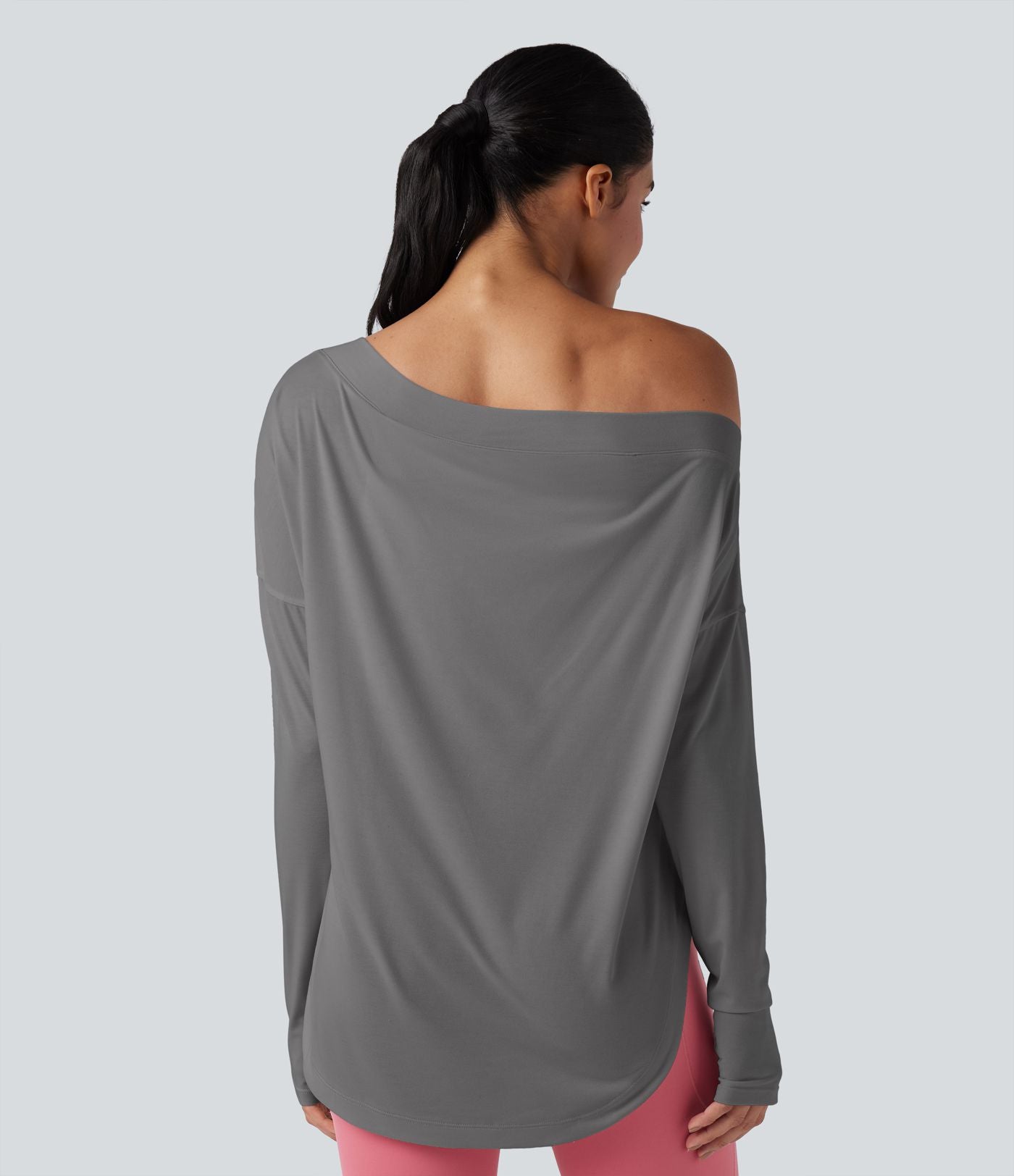 Top de sport yoga une épaule séchage rapide ourlet arrondi asymétrique manches longues avec trous pouces - Brassière intégrée