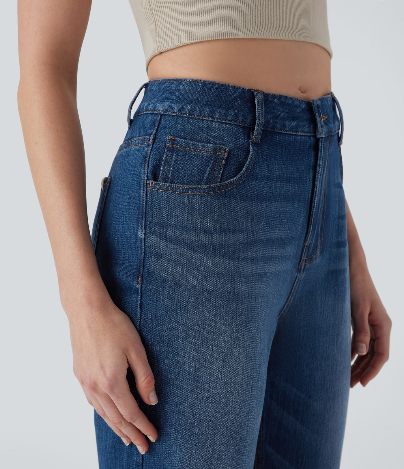 Jean 7/8 décontracté délavé taille mi-haute à jambe droite Halara Flex™ avec poches