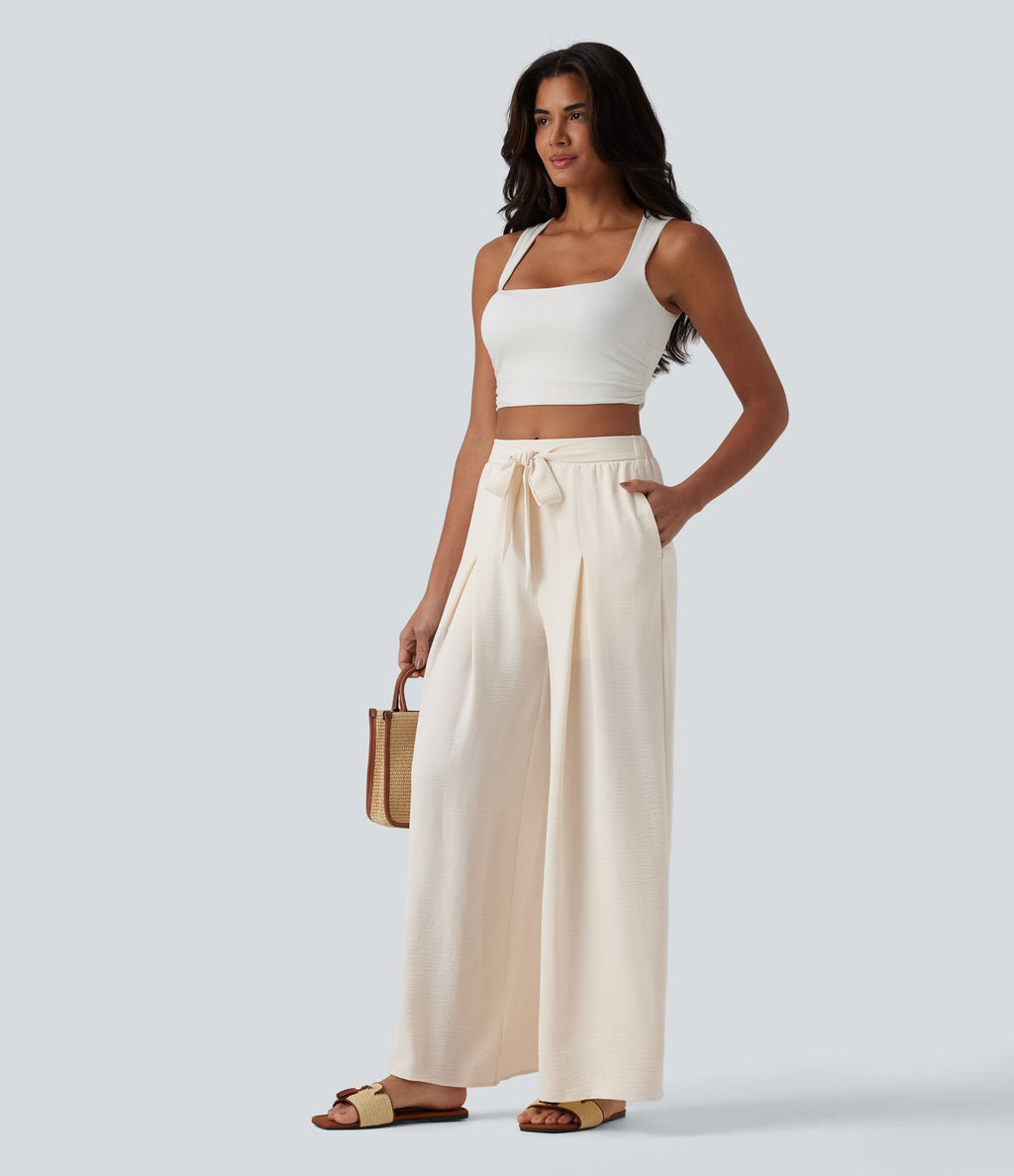 Pantalon large resort taille haute aspect lin avec nœud frontal et poches - Short intégré