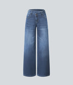 Halara Flex™ Jean large asymétrique taille basse avec bouton, fermeture éclair et poches multiples, délavé et extensible en maille