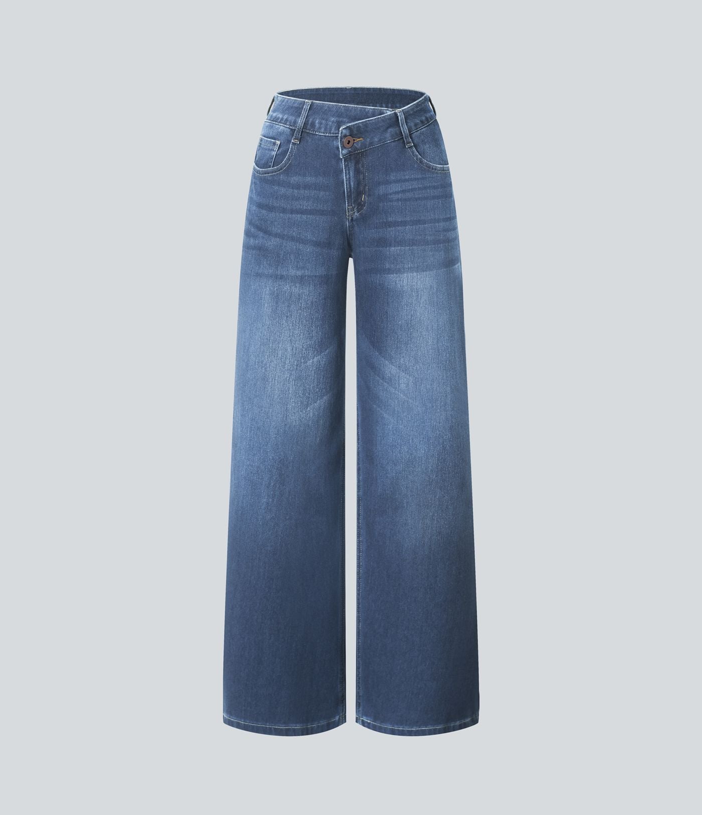 Halara Flex™ Jean large asymétrique taille basse avec bouton, fermeture éclair et poches multiples, délavé et extensible en maille
