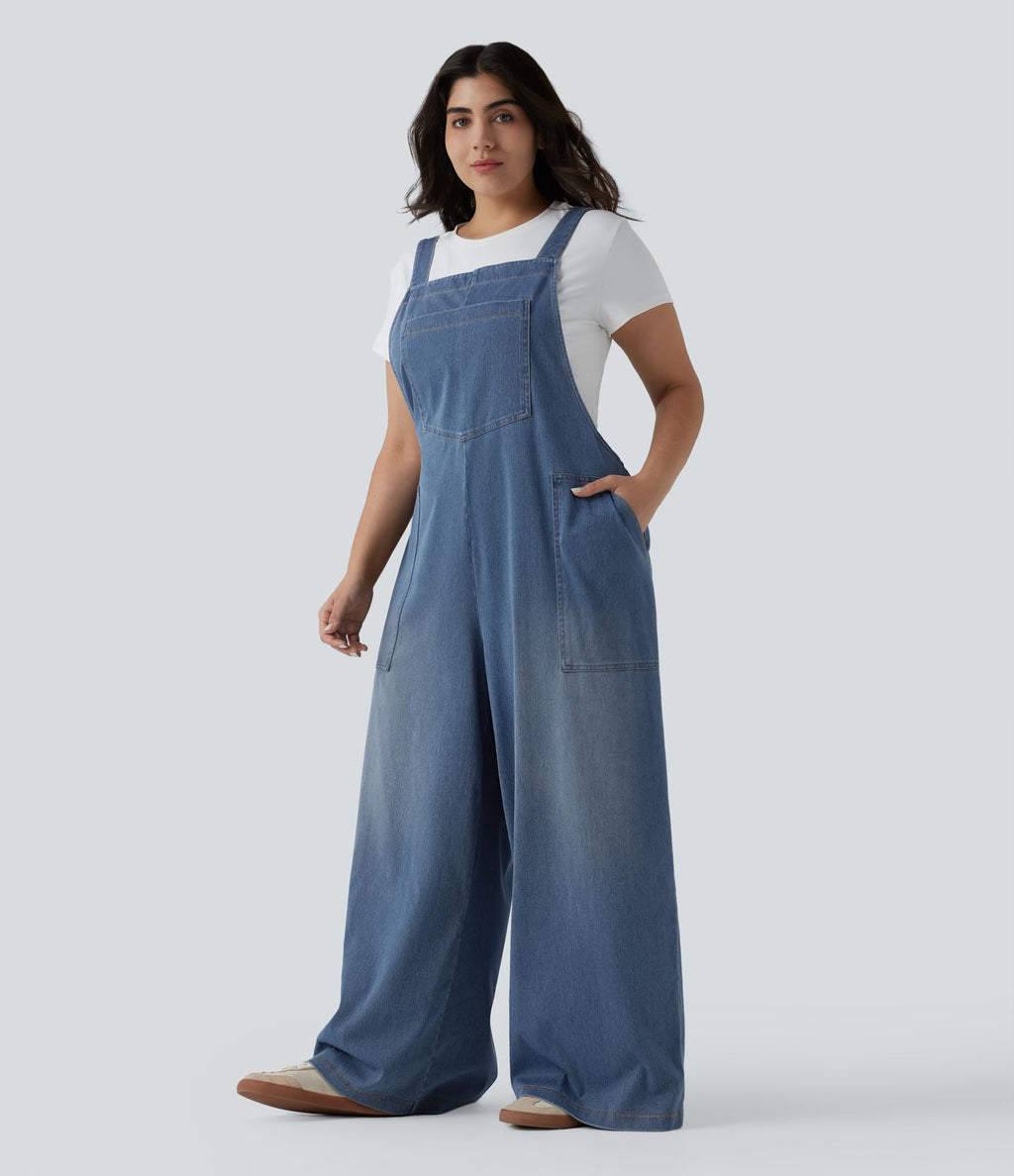 Grande taille Halara Flex™ Salopette casual en jean délavé col carré avec poches