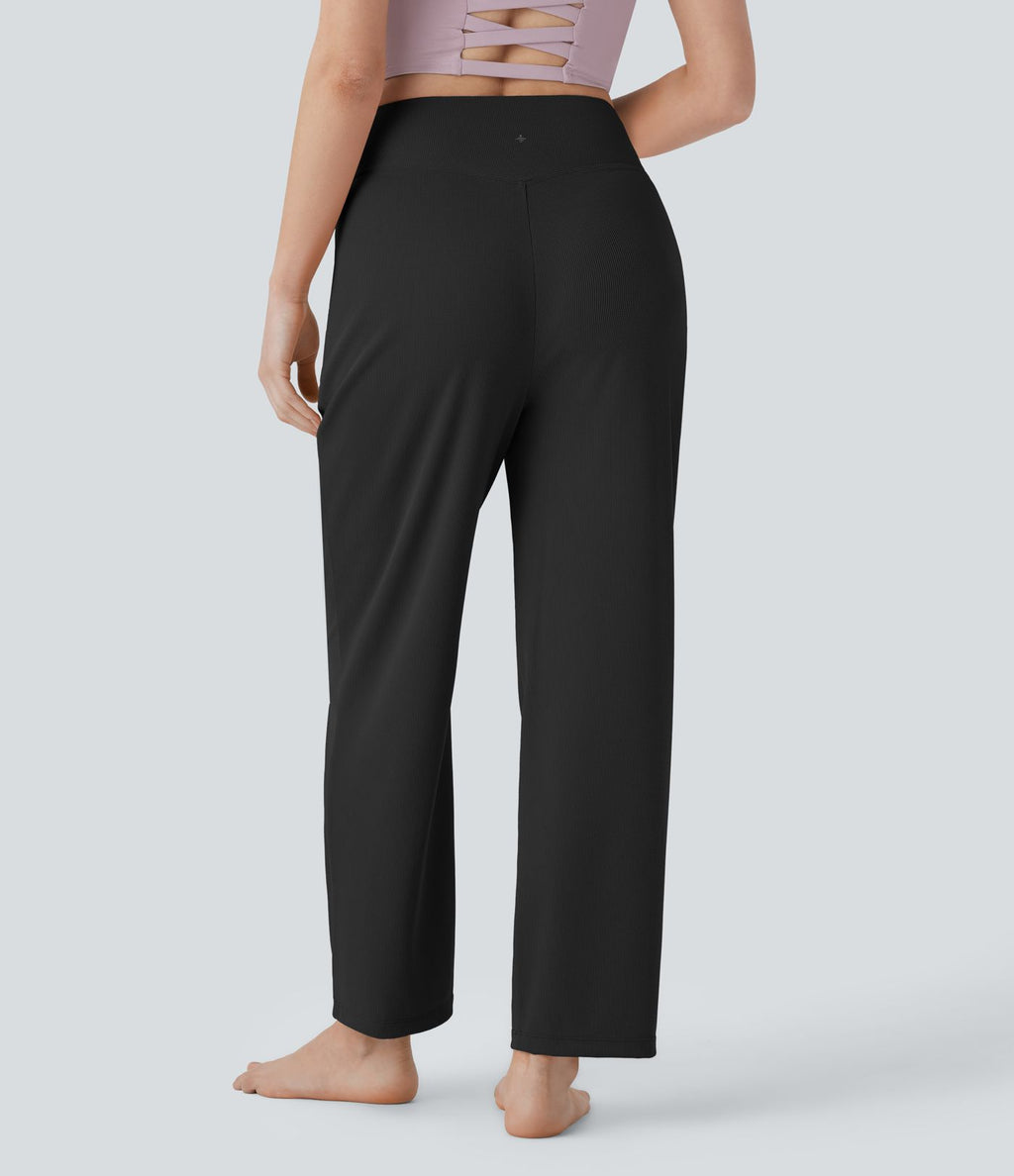 Pantalon de yoga droit en maille gaufrée, taille mi-haute, avec poche