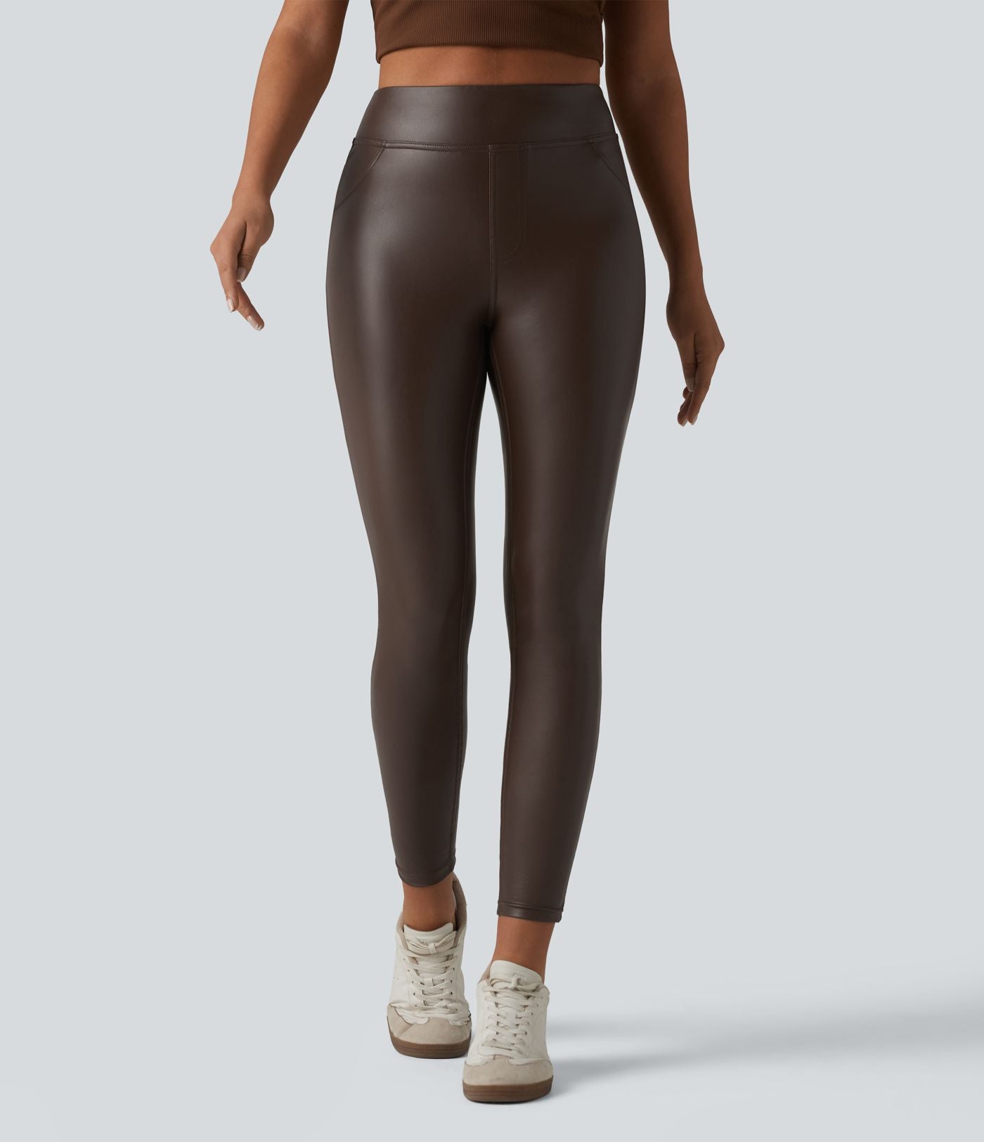 Pantalon skinny casual taille haute en simili cuir extensible avec poches