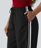 Pantalon large décontracté rayé taille haute avec cordon de serrage avec poches
