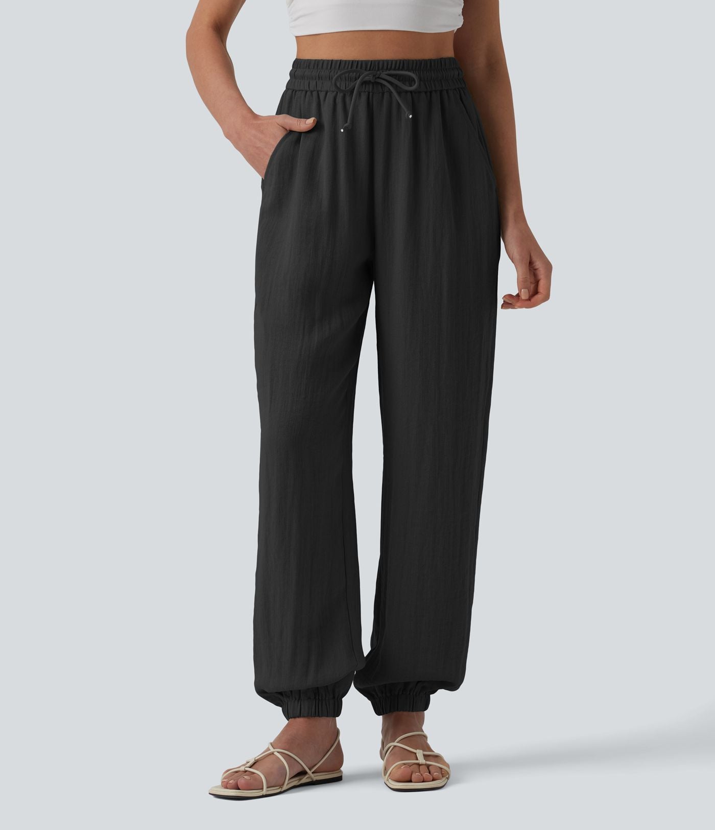 Jogging casual large ample taille haute aspect lin à cordon de serrage avec poches