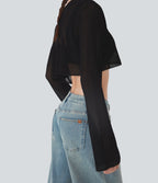 Pull décontracté transparent crop top encolure arrondie avec manches volantées