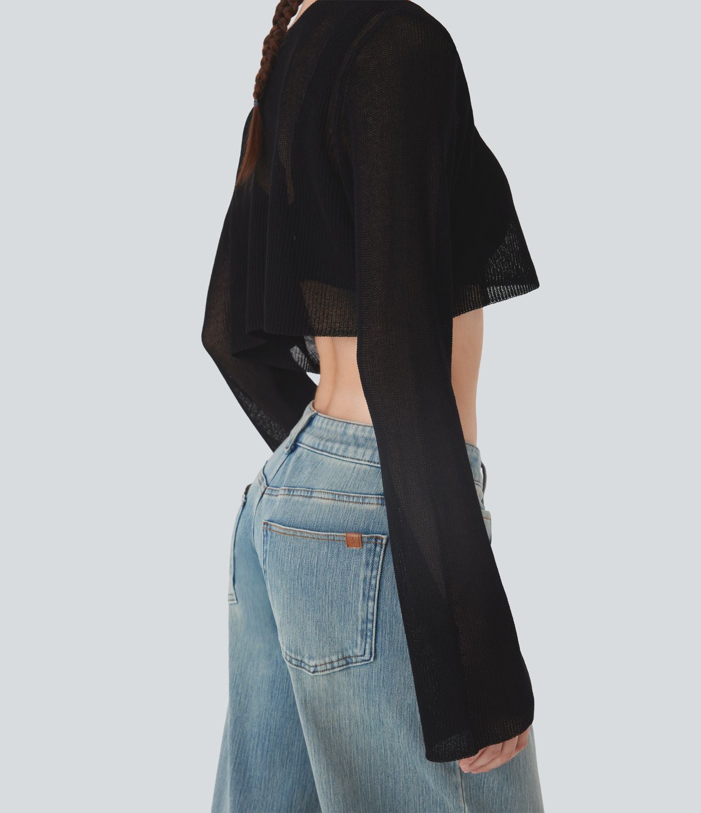 Pull décontracté transparent crop top encolure arrondie avec manches volantées