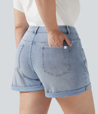 Short grande taille en jean Halara Flex™ délavé taille haute asymétrique avec ourlets retroussés et poches