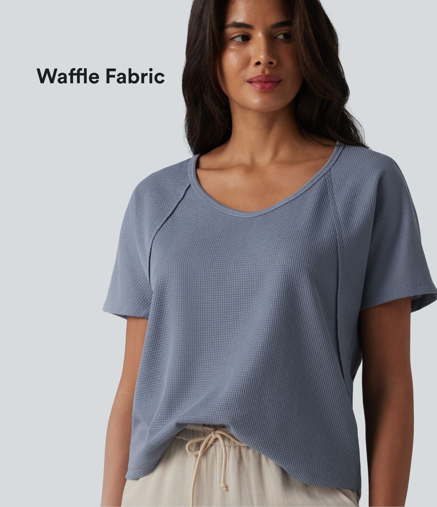 T-shirt casual en tissu gaufré à encolure cœur et manches courtes