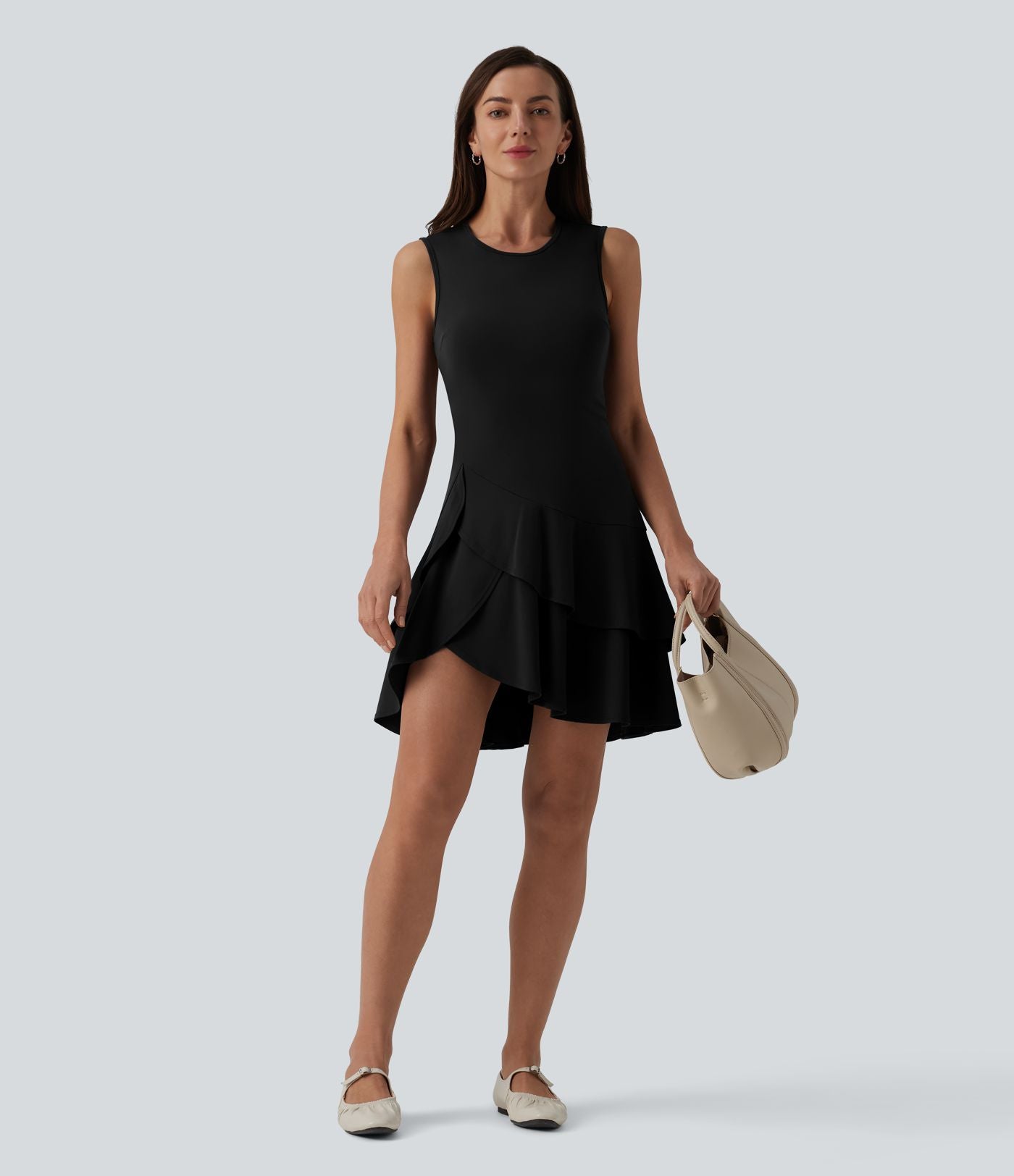 Robe mini décontractée SoftlyZero™ Airy col rond sans manches à volants superposés effet frais InstantCool