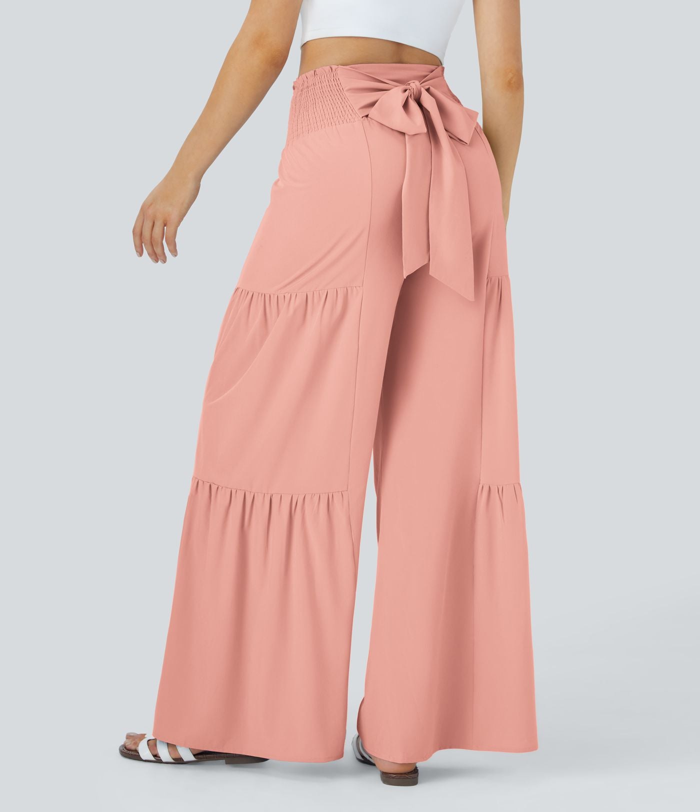 Breezeful™ Pantalon Large Casual Taille Haute Froncé à Nouer Devant et Dos Fluide Séchage Rapide