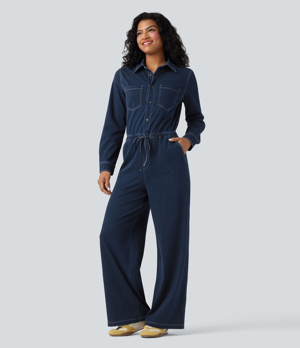 Combinaison denim délavé Halara Flex™ jambes larges manches longues avec cordon de serrage et poches - Édition Easy Peasy