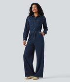 Combinaison denim délavé Halara Flex™ jambes larges manches longues avec cordon de serrage et poches - Édition Easy Peasy