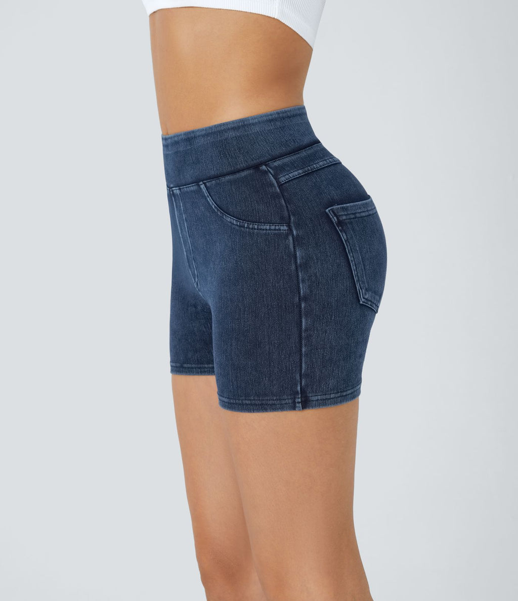 Halara Flex™ Shorts 7,5cm Casual en Denim Tricot Extensible Taille Haute Avec Poches Latérales Arrière