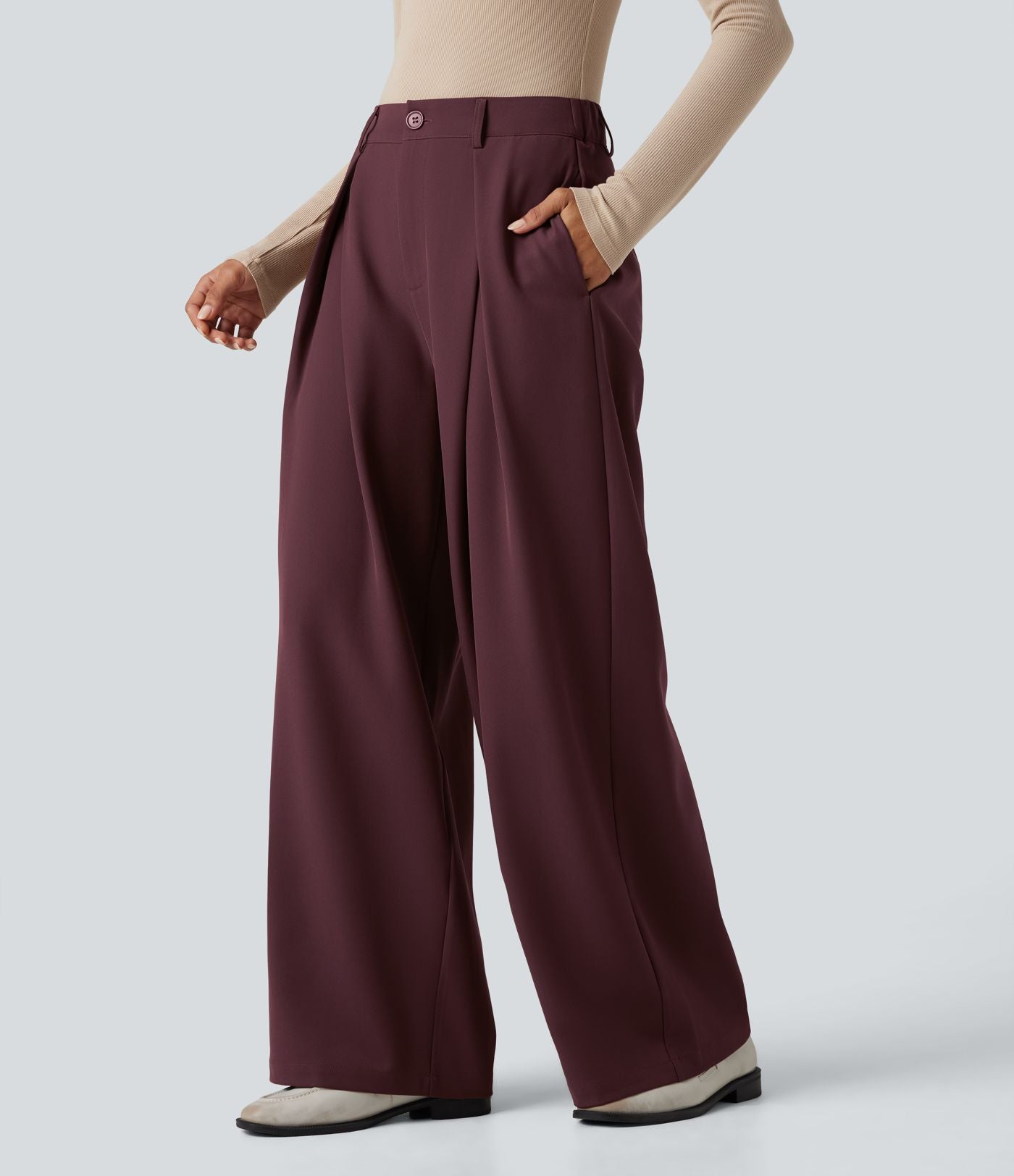 Pantalon tailleur large, taille haute, à poches