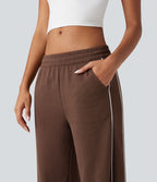 Pantalon jogging coton coupe droite taille mi-haute color block avec cordon de serrage et poches